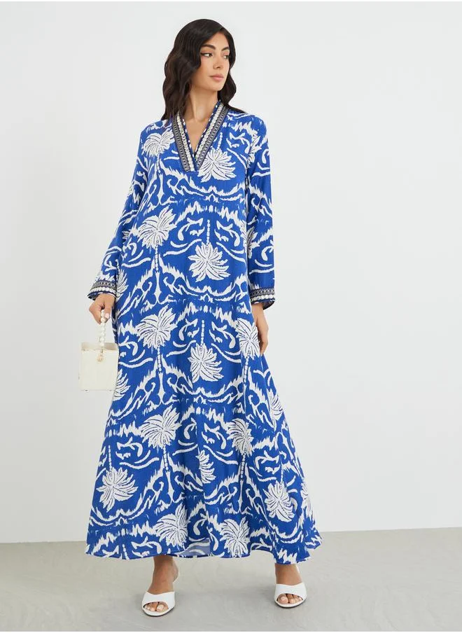 أميرة Amirah Floral Print Lace Detail V-Neck A-Line Jalabiya