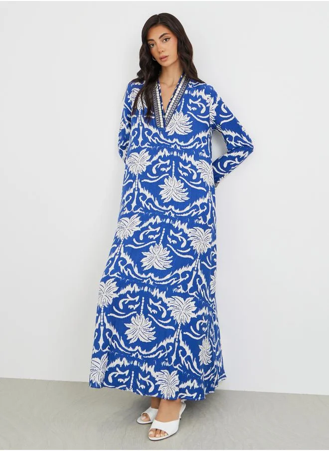 أميرة Amirah Floral Print Lace Detail V-Neck A-Line Jalabiya