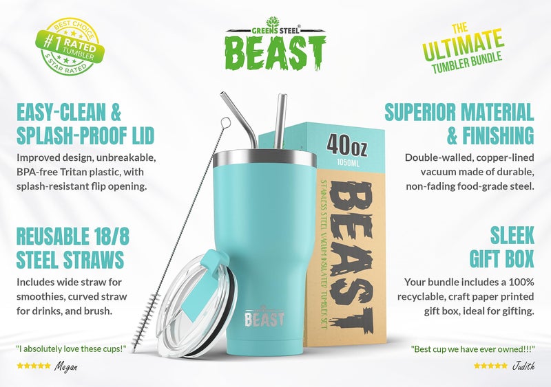 Greens Steel Beast 40 oz Tumbler Stainless Steel Vacuum Insulated Coffee Ice Cup Double Wall Travel Flask (Aquamarine Blue)  - Image 2