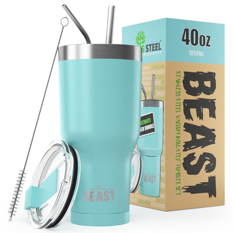 Greens Steel Beast 40 oz Tumbler Stainless Steel Vacuum Insulated Coffee Ice Cup Double Wall Travel Flask (Aquamarine Blue)  - Image 1
