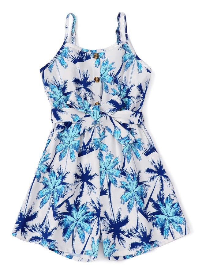 PATPAT Girls Rompers 4-5, Palm Print, Girls Hawaiian Jumpsuit, Backless Wide Leg Sleeveless Hawaiian Rompers With Pockets, Spaghetti Strap Jumpsuits With Belt, Kids Summer Clothes - Image 1