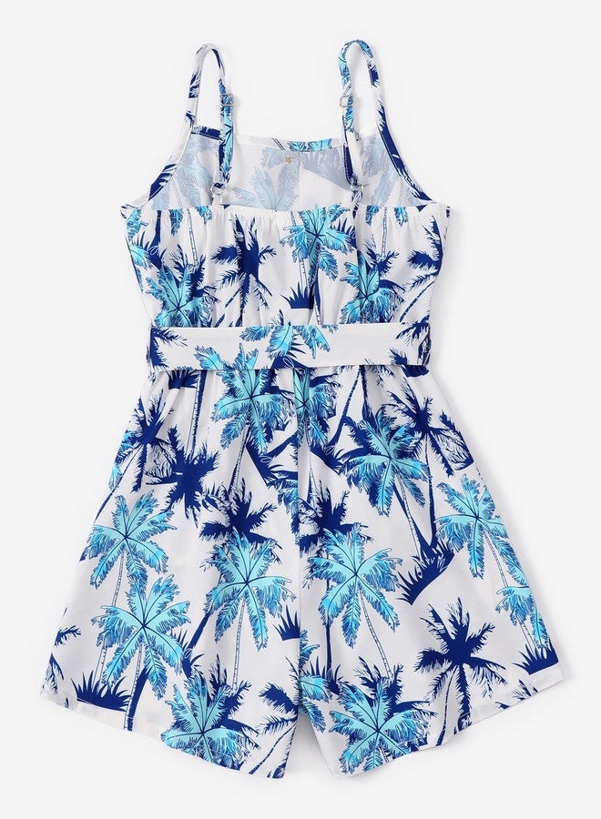 PATPAT Girls Rompers 4-5, Palm Print, Girls Hawaiian Jumpsuit, Backless Wide Leg Sleeveless Hawaiian Rompers With Pockets, Spaghetti Strap Jumpsuits With Belt, Kids Summer Clothes - Image 2