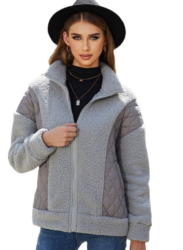 NIBEMINENT Fashion Women's Autumn and Winter New Long-sleeved Cardigan Zipper Plush Splicing Women's Coat  - Image 4