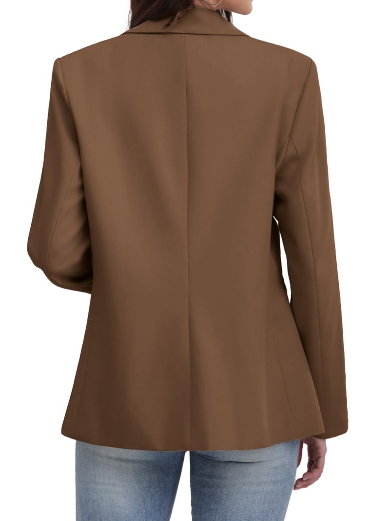 ELLEVEN Blazers for Women Business Casual Work Office Long Sleeve Lightweight Button Pockets Notched Lapel Collar Slim Fit Professional Suit Jacket Coat Outfits Padded Shoulder Brown XX-Large - Image 2