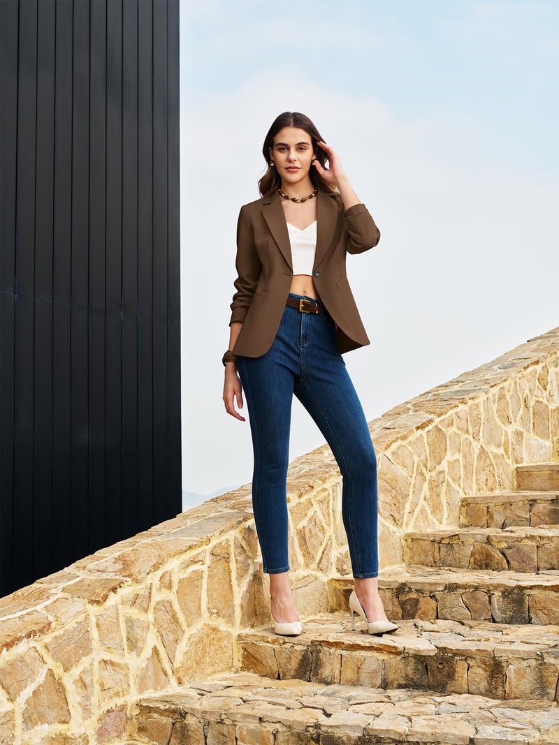 ELLEVEN Blazers for Women Business Casual Work Office Long Sleeve Lightweight Button Pockets Notched Lapel Collar Slim Fit Professional Suit Jacket Coat Outfits Padded Shoulder Brown XX-Large - Image 5