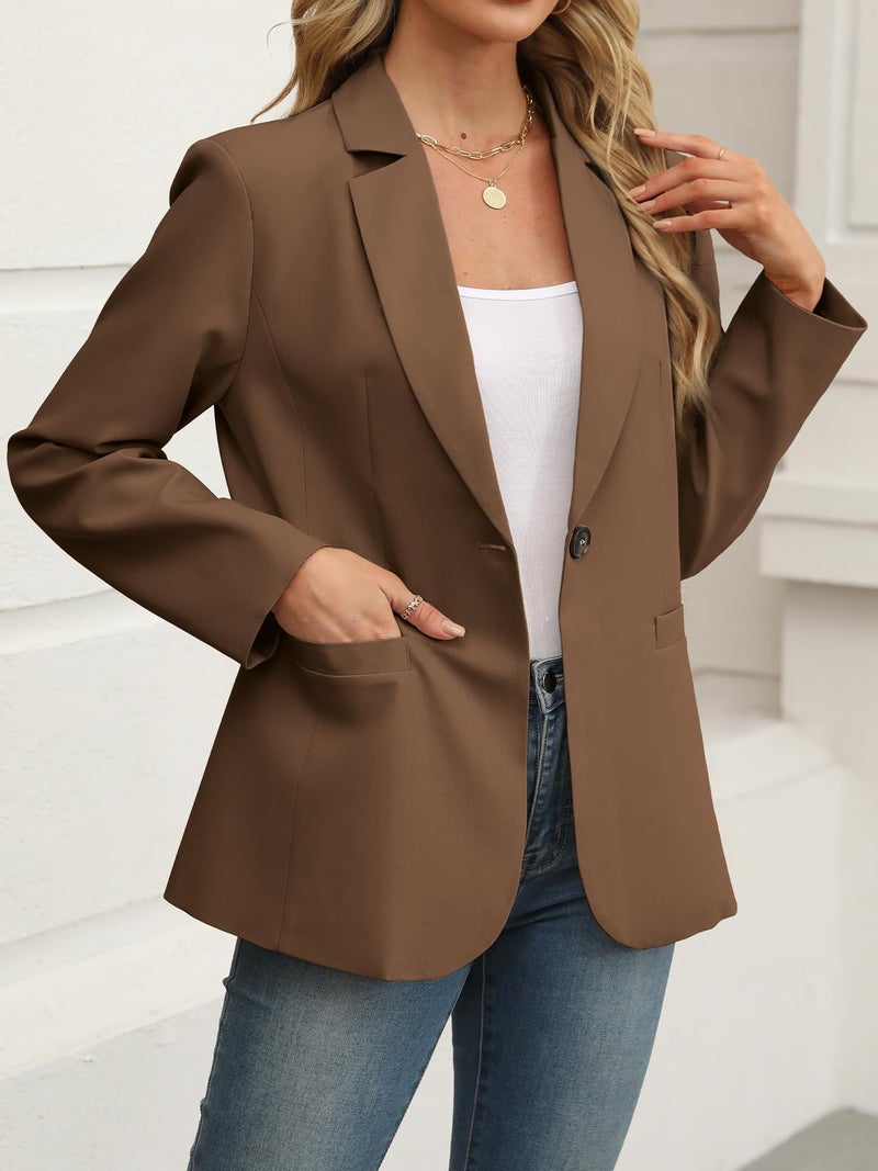 ELLEVEN Blazers for Women Business Casual Work Office Long Sleeve Lightweight Button Pockets Notched Lapel Collar Slim Fit Professional Suit Jacket Coat Outfits Padded Shoulder Brown XX-Large - Image 3