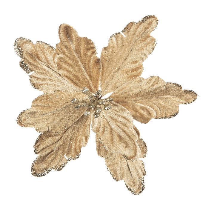 7PCS POINSETTIA FLOWERS PICKS ARTIFICIAL GLITTER POINSETTIA FLOWERS WITH STEMS CHRISTMAS TREE ORNAMENTS WITH STEMS FOR HOME KITCHEN DECORATIONS CHAMPAGNE GOLD