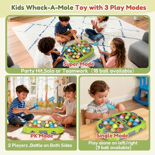 TooLion 2Player Whack Game Mole Toys for Age 312 Kids2 Hammers3 Modes with Sound LightSafe Educational Pounding ToyChristmas Birthday Gift for 3 4 5 6 Year Old Boys GirlsGreen - Image 5