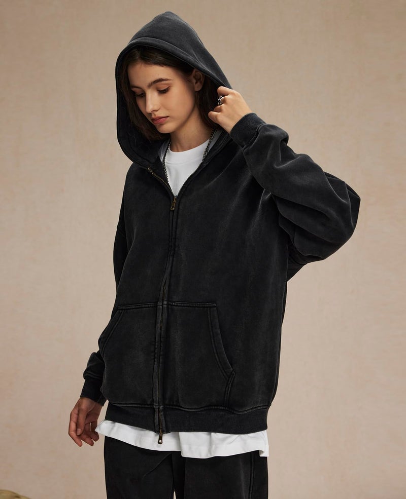 KEEPSHOWING Womens and Mens Zip Up Hoodies Long Sleeve Fall Oversized Sweatshirts Acid Wash Y2K Jacket with Pockets(Black XL) - Image 3