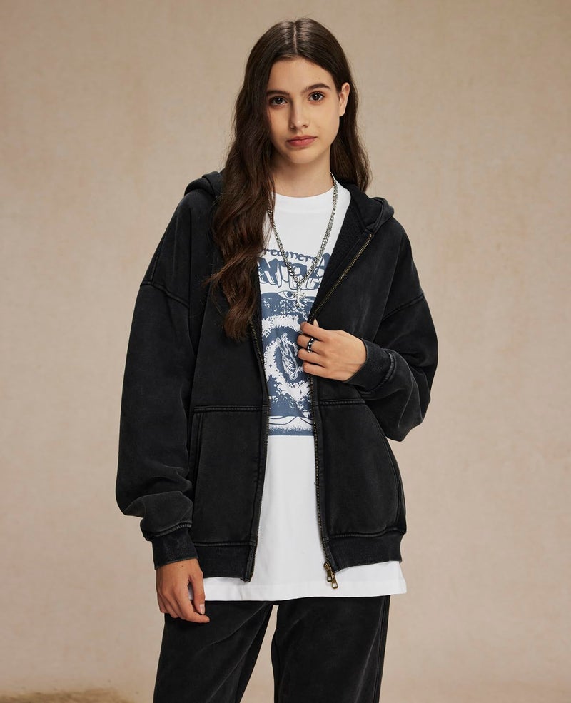 KEEPSHOWING Womens and Mens Zip Up Hoodies Long Sleeve Fall Oversized Sweatshirts Acid Wash Y2K Jacket with Pockets(Black XL) - Image 2