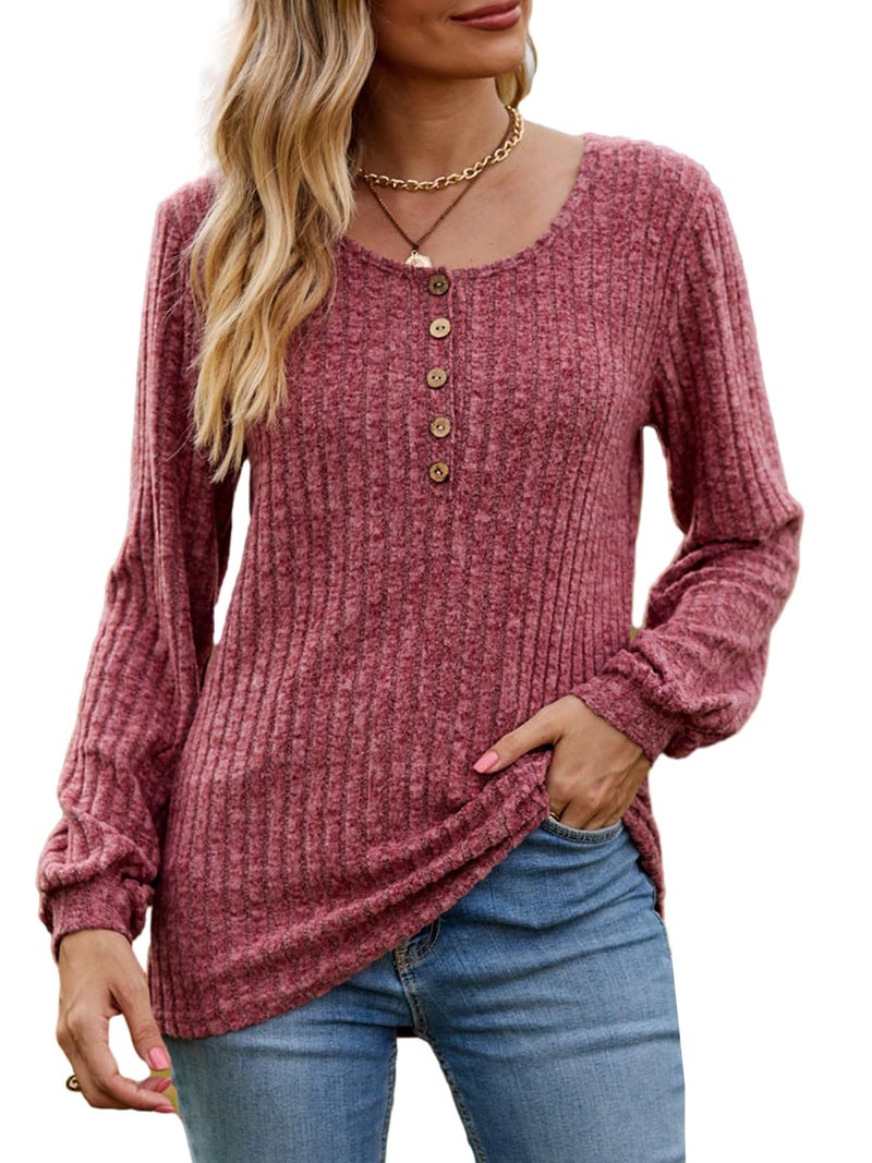 DB MOON Womens Lightweight Sweaters 2026 Long Sleeve Henley Shirt Fall Casual Crewneck Tunic Tops M Wine Red - Image 2
