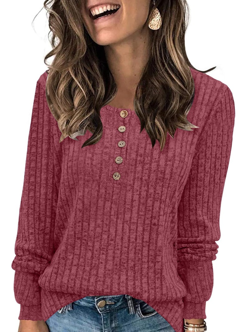 DB MOON Womens Lightweight Sweaters 2026 Long Sleeve Henley Shirt Fall Casual Crewneck Tunic Tops M Wine Red - Image 1