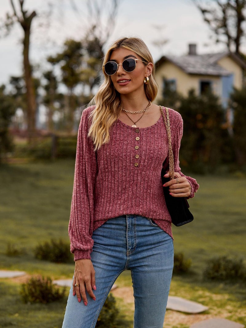 DB MOON Womens Lightweight Sweaters 2026 Long Sleeve Henley Shirt Fall Casual Crewneck Tunic Tops M Wine Red - Image 3