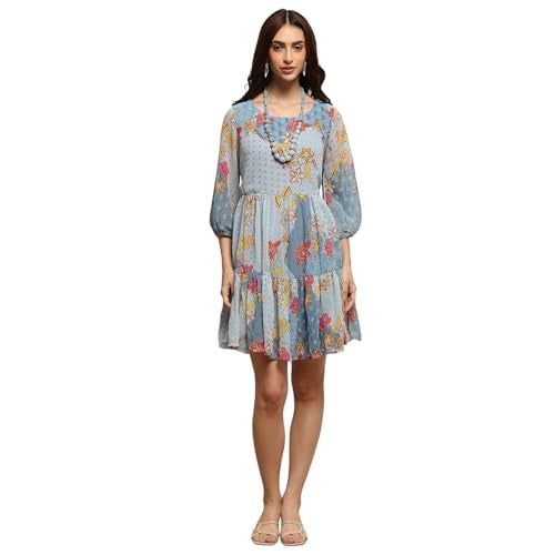 BIBA Women Knee-Length Printed Tired_Dress Mix and Match(Casual DRESSES2460_Blue_32) - Image 1