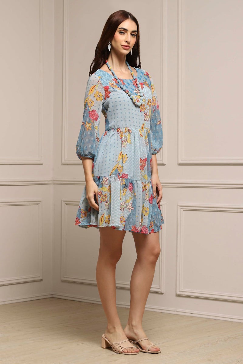 BIBA Women Knee-Length Printed Tired_Dress Mix and Match(Casual DRESSES2460_Blue_32) - Image 2