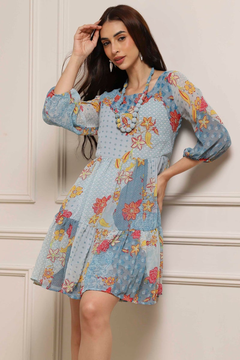 BIBA Women Knee-Length Printed Tired_Dress Mix and Match(Casual DRESSES2460_Blue_32) - Image 4