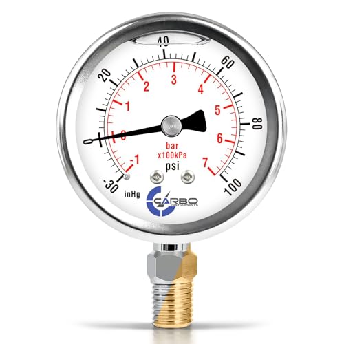 CARBO Instruments Stainless Steel Pressure Gauge Dual Display (-30/0 / +100 inHg/psi/kPa) - 2 1-2" Glycerine Liquid Filled Water Air Oil Gas Gauge with Polycarbonate Lens - Compound Vacuum -1/4" NPT - Image 1