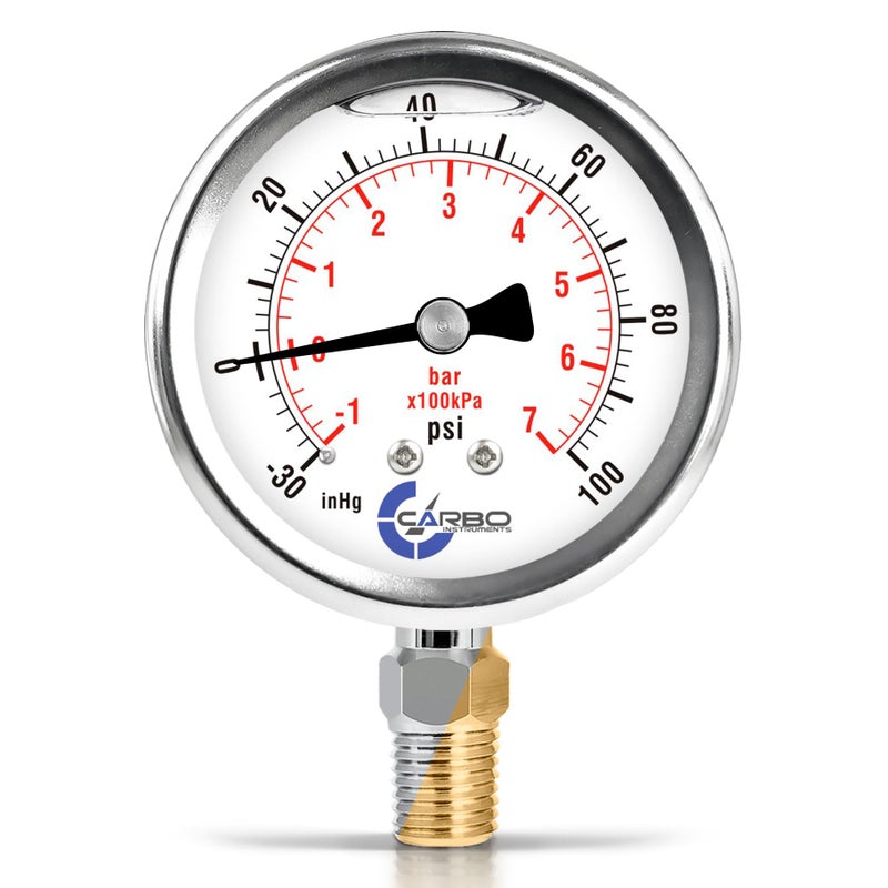 CARBO Instruments Stainless Steel Pressure Gauge Dual Display (-30/0 / +100 inHg/psi/kPa) - 2 1-2" Glycerine Liquid Filled Water Air Oil Gas Gauge with Polycarbonate Lens - Compound Vacuum -1/4" NPT - Image 4