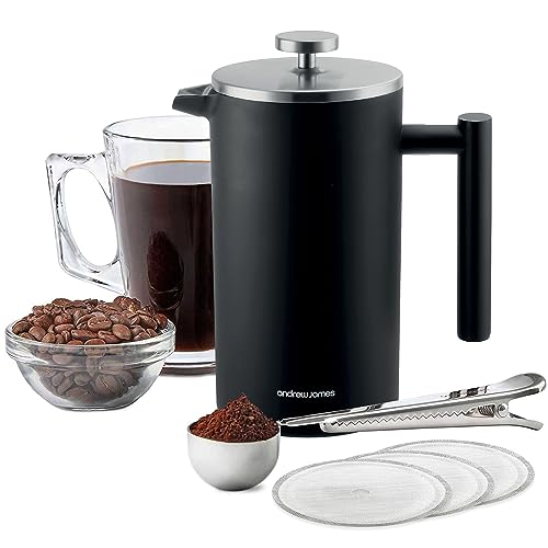 Andrew James Double Walled Stainless Steel Cafetiere Gift Set with 3 Mesh Filters Coffee Measuring Spoon and Bag Sealing Clip Delicious French Press Coffee Easy to Clean 600ml Black