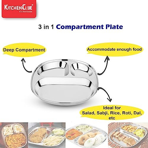 KITCHEN CLUE 304 Stainless Steel Dinner Plates For Kids, BIS-Approved - Set Of 2 Pcs, Dia - 25cm - 3 In 1 Compartment Plate With Mirror Finish & Permanent Laser Design (Mickey Mouse), Silver - Image 5