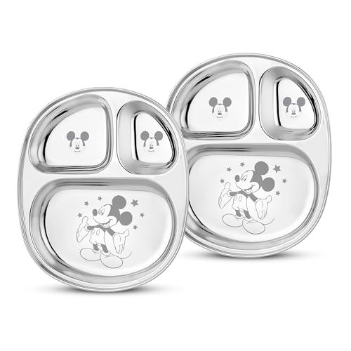 KITCHEN CLUE 304 Stainless Steel Dinner Plates For Kids, BIS-Approved - Set Of 2 Pcs, Dia - 25cm - 3 In 1 Compartment Plate With Mirror Finish & Permanent Laser Design (Mickey Mouse), Silver - Image 1