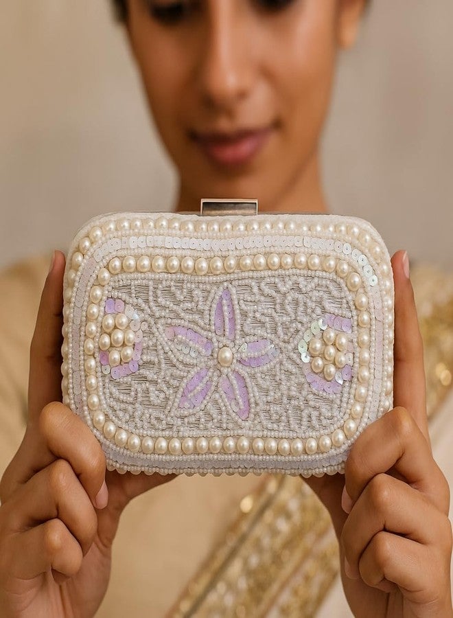 داتشيس حقيبة يد مسائية مزينة باللؤلؤ من دوقة، بيضاء اللون، بتصميم زهري مزين بالترتر، حقيبة أنيقة لحفلات الزفاف والخطوبة. - Image 3