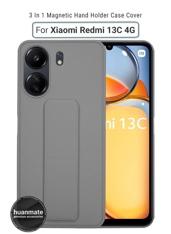 هووانميت حافظة لهاتف شاومي ريدمي 13 سي 4 جي، حافظة مغناطيسية ممتازة مع حامل مقبض يدوي ومسند - غطاء أنيق وعملي لقبضة معززة وراحة مطلقة وتجربة مشاهدة بدون استخدام اليدين - رمادي - Image 1