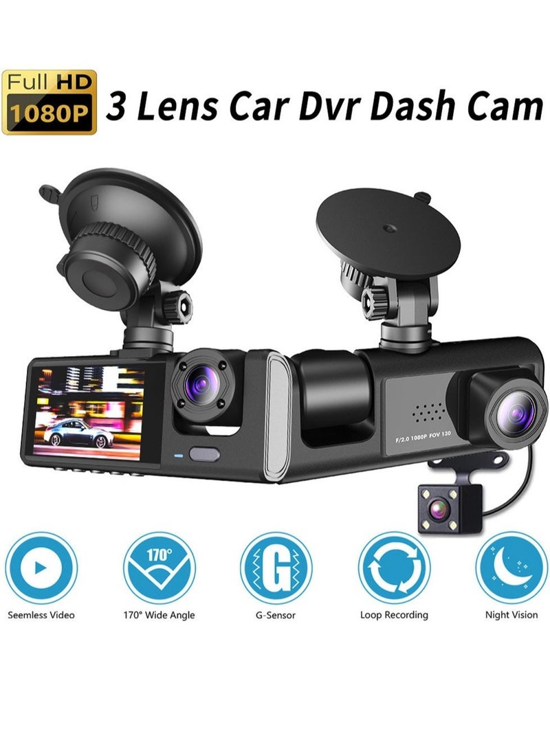 كاميرا داش 1080P DVR أمامية وداخلية وخلفية مسجل قيادة بشاشة 2 بوصة تدعم الرؤية الليلية تسجيل متكرر قفل بضغط زر مع بطاقة ذاكرة 128G - Image 1