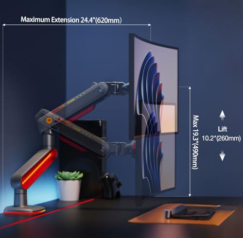 NB ERGONOMIC NB Designer Gaming Monitor Arm for 32 to 60 Inches Screen, Load up to 20 kg, VESA 75/100, RGB-Light, Heavy Duty, Multi Angle Adjustable, Premium Aluminum, Long Arm Extension Red - Image 3