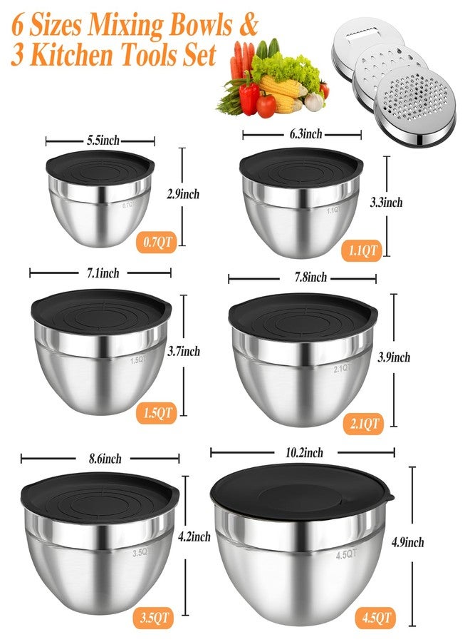 Winproper Mixing Bowls with Lids Set, 6 PCS Stainless Steel Mixing Bowls with 3 Grater Attachments, Kitchen Food Storage Organizers Nesting Mixing Bowl, Large Size 4.5, 3.5, 2.1, 1.5, 1.1, 0.7QT-Black - Image 4