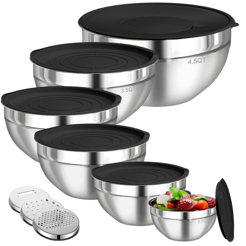 Winproper Mixing Bowls with Lids Set, 6 PCS Stainless Steel Mixing Bowls with 3 Grater Attachments, Kitchen Food Storage Organizers Nesting Mixing Bowl, Large Size 4.5, 3.5, 2.1, 1.5, 1.1, 0.7QT-Black - Image 1
