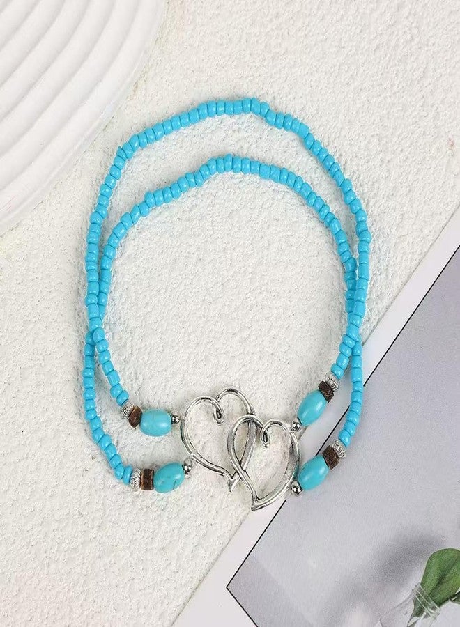 أساور كاحل مطاطية مزينة بالخرز للنساء، بتصميم قلب مزدوج متعدد الطبقات، مقاومة للماء، بتصميم بوهيمي أنيق، مثالية لفصل الصيف والشاطئ، قابلة للتعديل، مصنوعة من الأكريليك، بدون أحجار كريمة. - Image 5