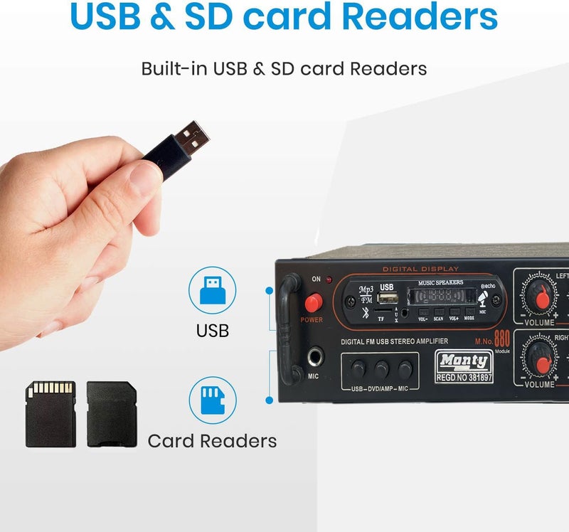 Tech-Lobby Stereo Amplifier with Big LED Display/Bluetooth/MIC Input/USB/SD Card Slot/FM Radio/AUX Input/Remote Control & Built-in Equalizer with Bass, Treble & Balance Control (Model -15000). - Image 2