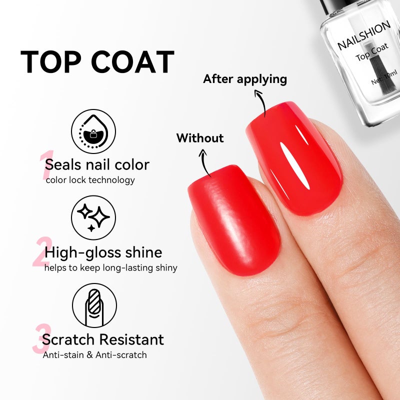 Nailshion Base Coat and Top Coat, Clear Regular Nail Polish, Rich in VE Calcium Quick Air Dry Nail Strengthening Non Gel, 2Pcs Vegan Base Chip Resistant High Shine Long-lasting Nail Art Gift Set - Image 4