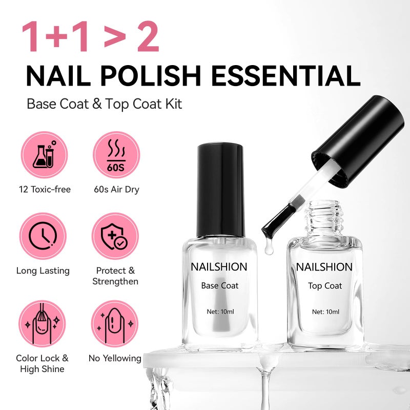 Nailshion Base Coat and Top Coat, Clear Regular Nail Polish, Rich in VE Calcium Quick Air Dry Nail Strengthening Non Gel, 2Pcs Vegan Base Chip Resistant High Shine Long-lasting Nail Art Gift Set - Image 2