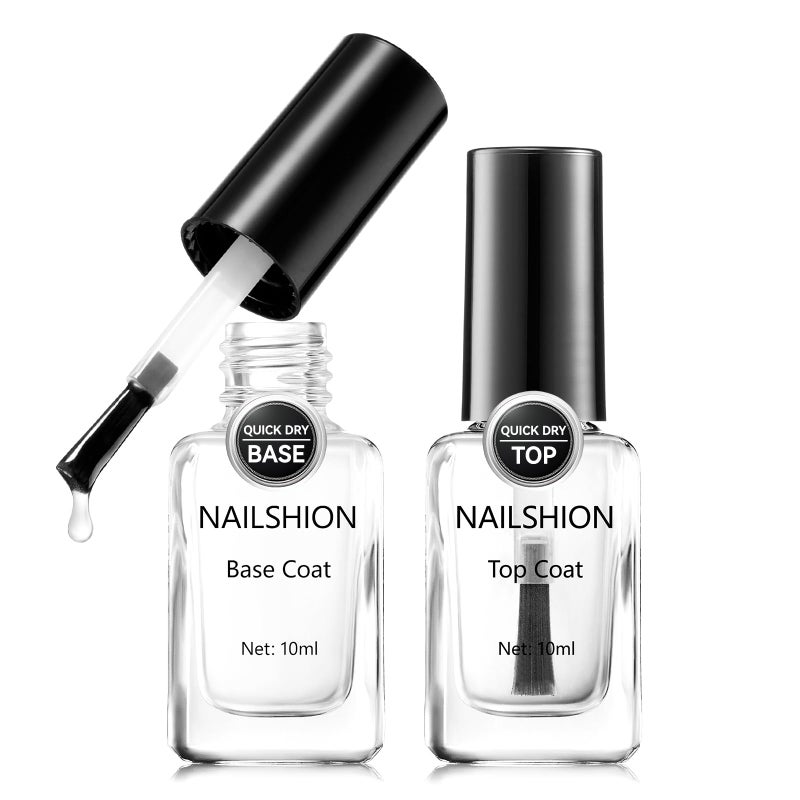Nailshion Base Coat and Top Coat, Clear Regular Nail Polish, Rich in VE Calcium Quick Air Dry Nail Strengthening Non Gel, 2Pcs Vegan Base Chip Resistant High Shine Long-lasting Nail Art Gift Set - Image 1