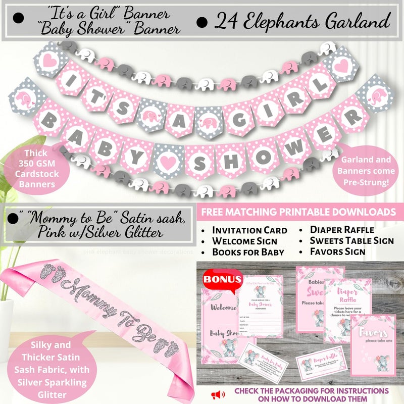 RainMeadow 697 PC Premium Elephant Baby Shower Decorations for Girl Set It's A Girl Banners, Napkins, Straws, Guest Book, Paper Lanterns, Honeycomb Balls, Fans, Cake Toppers, Sash, Balloons, Games - Image 3