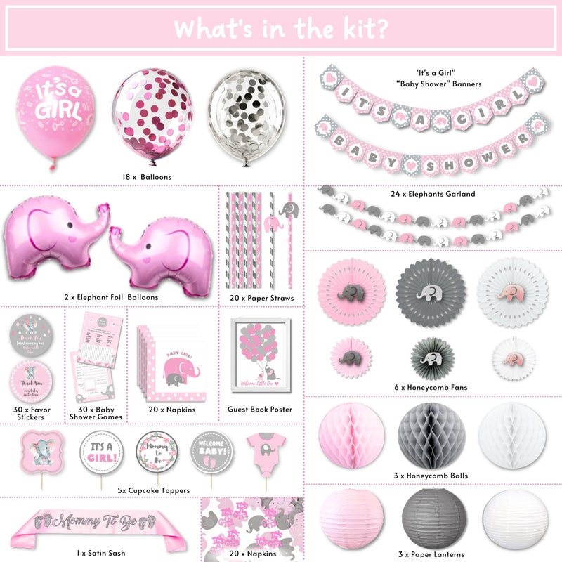 RainMeadow 697 PC Premium Elephant Baby Shower Decorations for Girl Set It's A Girl Banners, Napkins, Straws, Guest Book, Paper Lanterns, Honeycomb Balls, Fans, Cake Toppers, Sash, Balloons, Games - Image 2