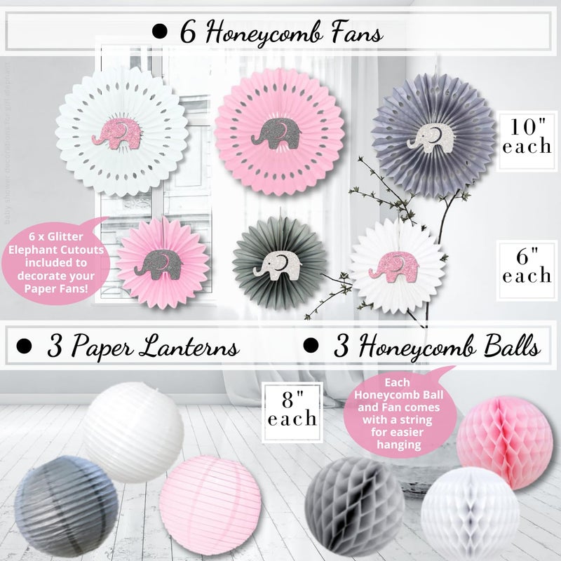 RainMeadow 697 PC Premium Elephant Baby Shower Decorations for Girl Set It's A Girl Banners, Napkins, Straws, Guest Book, Paper Lanterns, Honeycomb Balls, Fans, Cake Toppers, Sash, Balloons, Games - Image 4