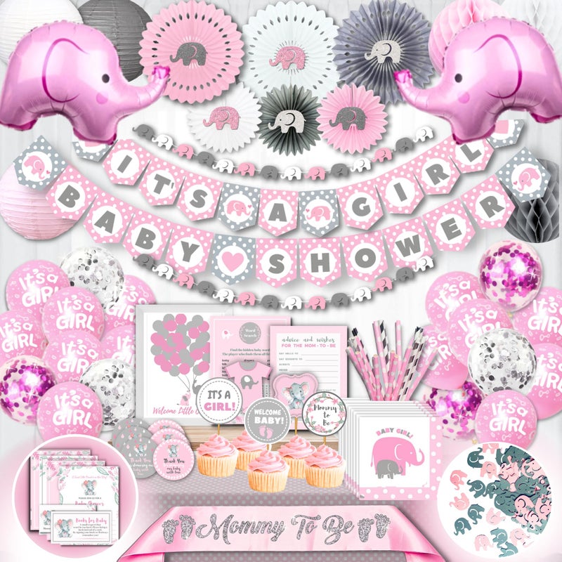 RainMeadow 697 PC Premium Elephant Baby Shower Decorations for Girl Set It's A Girl Banners, Napkins, Straws, Guest Book, Paper Lanterns, Honeycomb Balls, Fans, Cake Toppers, Sash, Balloons, Games - Image 1