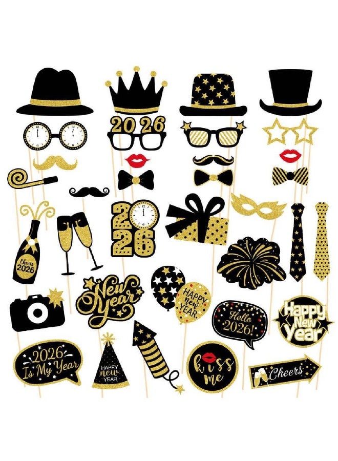 ThePartyPopper 35 Pcs New Year 2026 Photo Booth Props – Gold & Black Party Decorations Set | NYE Party Supplies Accessories