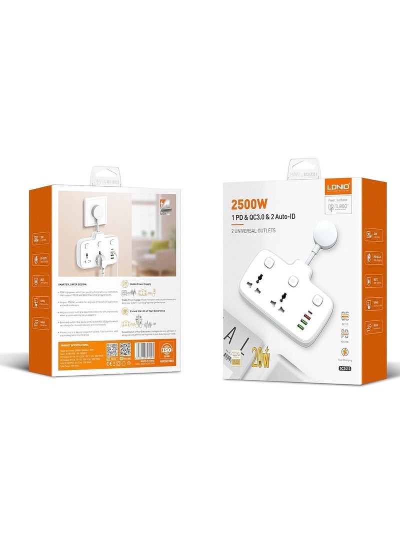 متوافق مع LDNIO SC2413 شريط الطاقة العالمي، محول تمديد منفذ USB، شاحن حائط، مقبس حماية من زيادة التيار مع 4 منافذ USB - أبيض  - Image 1