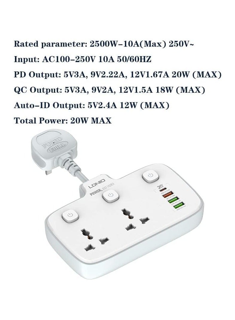 متوافق مع LDNIO SC2413 شريط الطاقة العالمي، محول تمديد منفذ USB، شاحن حائط، مقبس حماية من زيادة التيار مع 4 منافذ USB - أبيض  - Image 3
