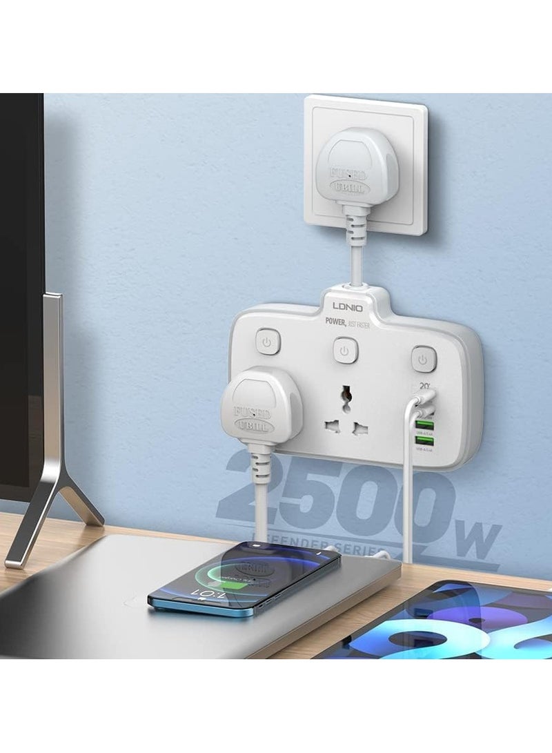 متوافق مع LDNIO SC2413 شريط الطاقة العالمي، محول تمديد منفذ USB، شاحن حائط، مقبس حماية من زيادة التيار مع 4 منافذ USB - أبيض  - Image 5