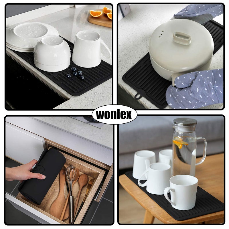Wonlex Silicone Dish Drying Mat 18â€x8â€, Heat Resistant Trivets for Kitchen Counter, Draining Mat, Sink Mat, Hot Pads for Multiple Usage (Black) - Image 2