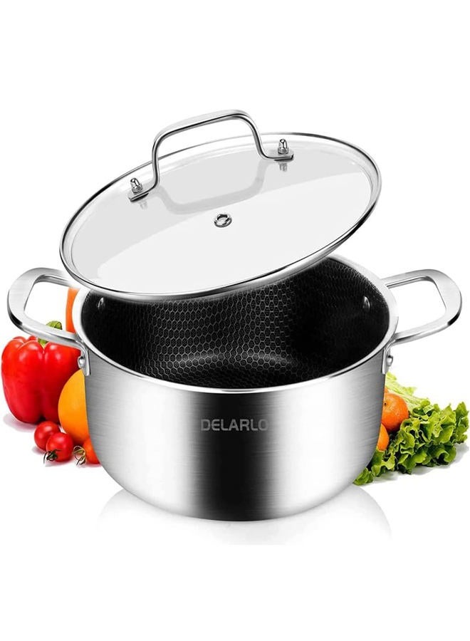 DELARLO Stainless Steel Stock Pot Induction Ready - 5 QT Cooking Pot 18/8 Food Grade Tri-ply Steel, Nonstick Honeycomb Soup Pot Stew Simmering Pot with Glass Lid, Dishwasher Safe - Image 1
