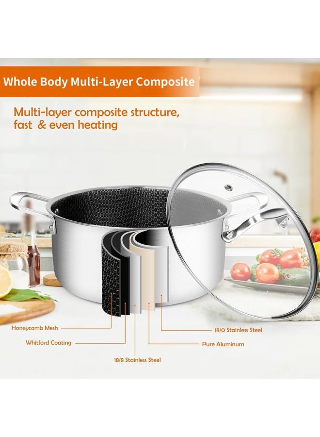 DELARLO Stainless Steel Stock Pot Induction Ready - 5 QT Cooking Pot 18/8 Food Grade Tri-ply Steel, Nonstick Honeycomb Soup Pot Stew Simmering Pot with Glass Lid, Dishwasher Safe - Image 2