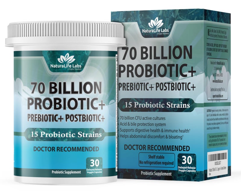 NaturaLife Labs Probiotics 70 Billion CFU 15 Probiotic strains Organic Prebiotic Postbiotic 3in1 Complete Promotes Healthy Digestive Immune Function Gas Bloating Constipation Support for Men Women
