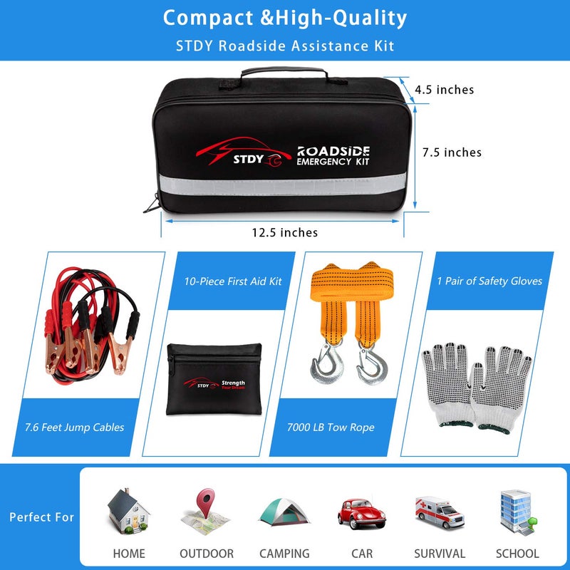 STDY Car Roadside Emergency Kit, Vehicle Truck Safety Road Side Assistance Kits Auto Accessory, with Jumper Cables, First Aid Kit, Tow Rope, Reflective Triangle, Tire Pressure Gauge, etc - Image 2