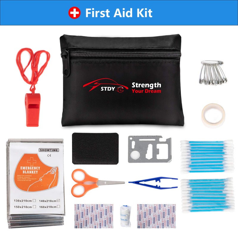 STDY Car Roadside Emergency Kit, Vehicle Truck Safety Road Side Assistance Kits Auto Accessory, with Jumper Cables, First Aid Kit, Tow Rope, Reflective Triangle, Tire Pressure Gauge, etc - Image 4